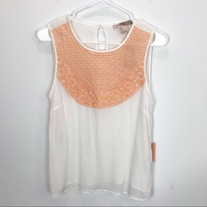 Forever 21 White and Orange Embroidered Sleeveless Elegant Top Casual Workwear S